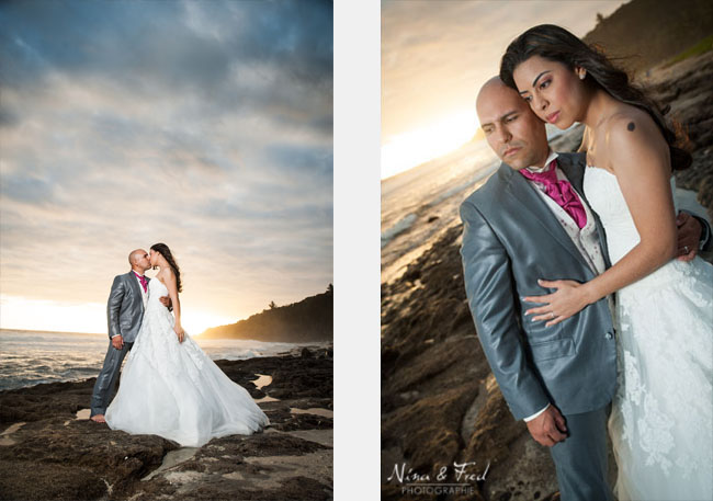 deux photos de Cyrielle et son  mari séance trash the dress grande anse