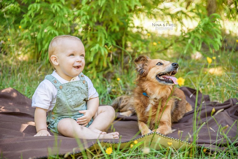 portrait bébé et chien en forêt A&F&M